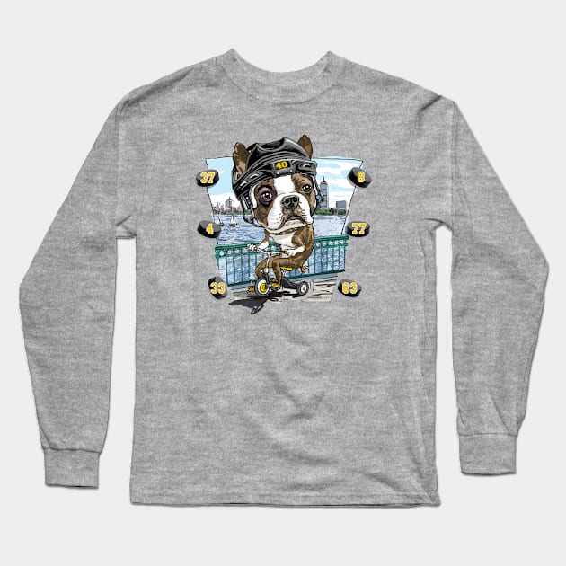 Boston Terrier Dog with Black Hockey Helmet Long Sleeve T-Shirt by Mudge